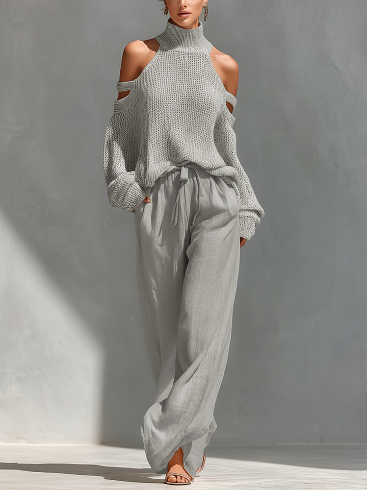 Thalia - Conjunto de Top de Cuello Alto Beige de Punto y Pantalones Anchos