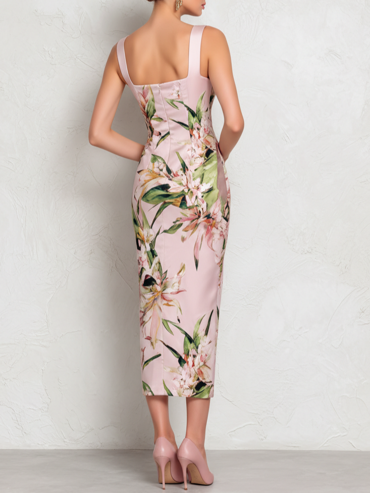 Amber - Vestido Midi de Satén Floral Rosa con Escote Cuadrado
