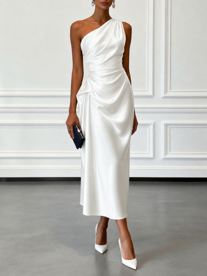 Caille - Vestido Midi Sin Mangas de Satén Champagne con Volantes de Un Hombro