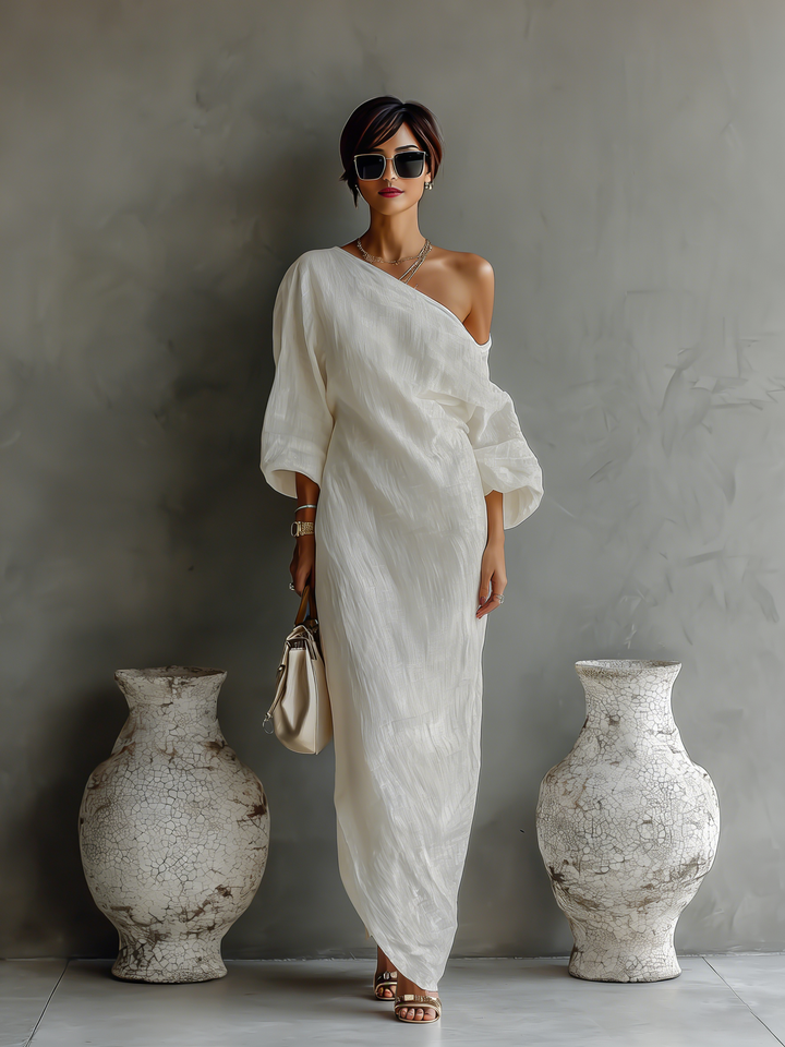 Aurora | Vestido Maxi Fluido de Un Hombro en Marfil