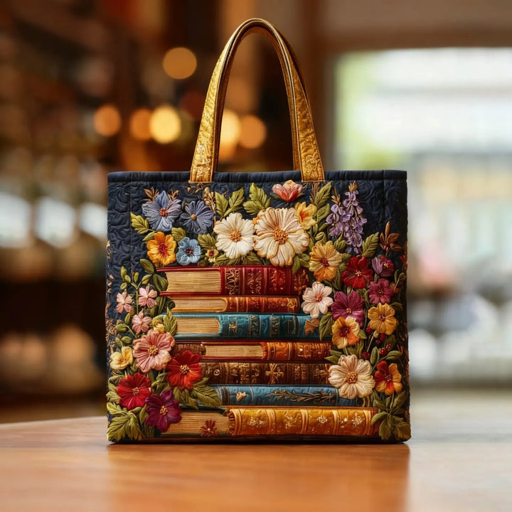 Bolso Tote Artesanal - Estampado Floral y Libros
