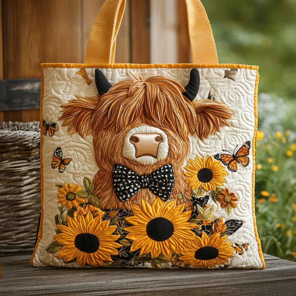 Bolsa Acolchada - Vaca Highland con Girasoles