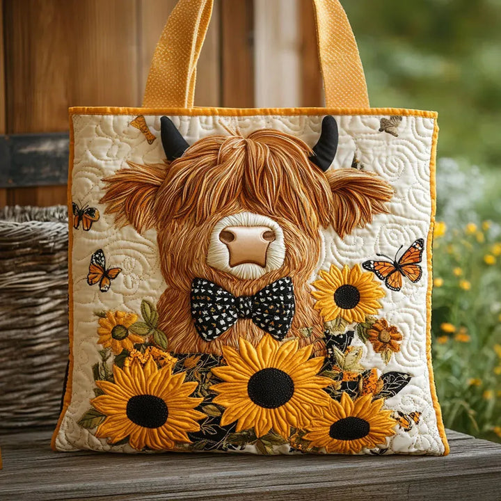 Bolsa Acolchada - Vaca Highland con Girasoles