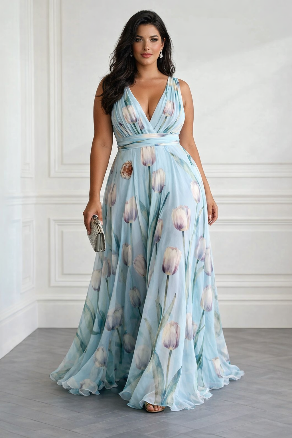 Nerea - Vestido Maxi Elegante con Estampado de Tulipanes y Escote en V