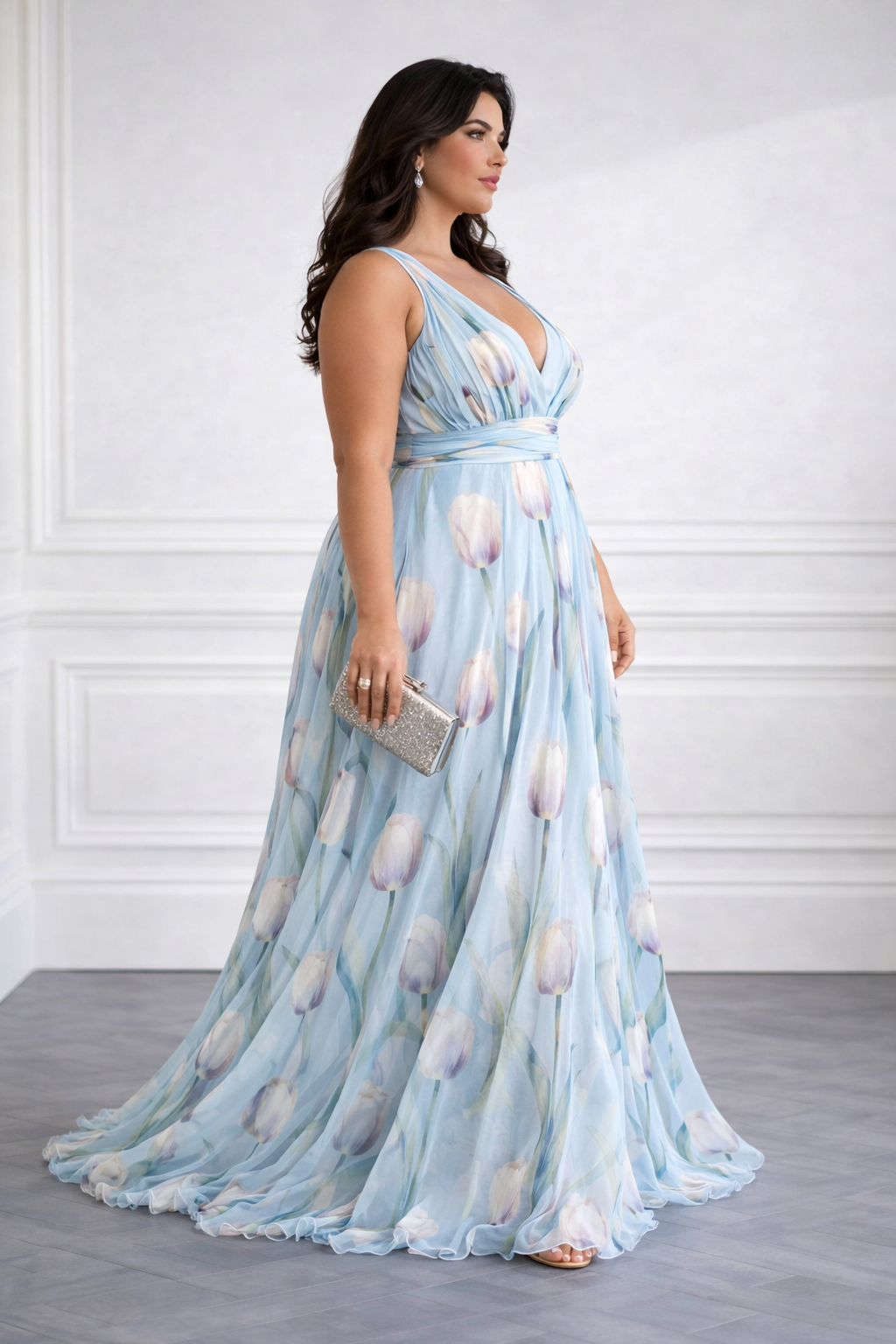 Nerea - Vestido Maxi Elegante con Estampado de Tulipanes y Escote en V