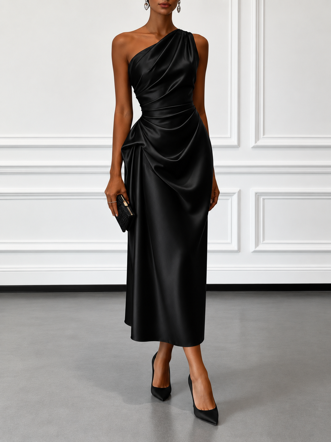 Caille - Vestido Midi Sin Mangas de Satén Champagne con Volantes de Un Hombro