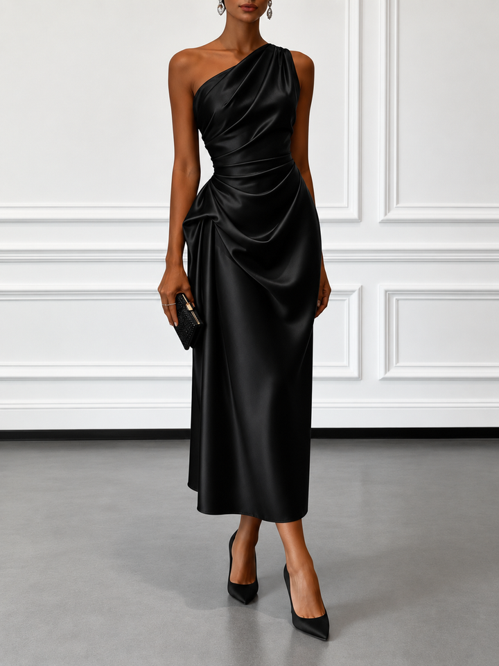 Caille - Vestido Midi Sin Mangas de Satén Champagne con Volantes de Un Hombro
