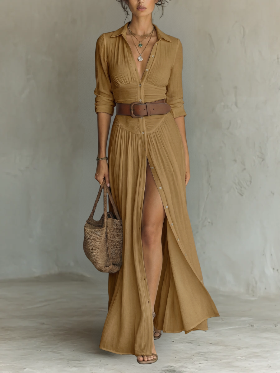 Kiara - Vestido Maxi con Mangas Largas y Cuello de Solapa