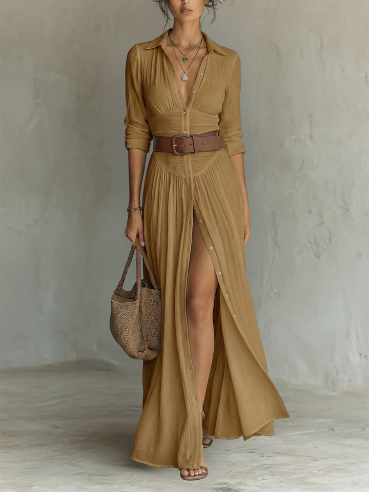 Kiara - Vestido Maxi con Mangas Largas y Cuello de Solapa