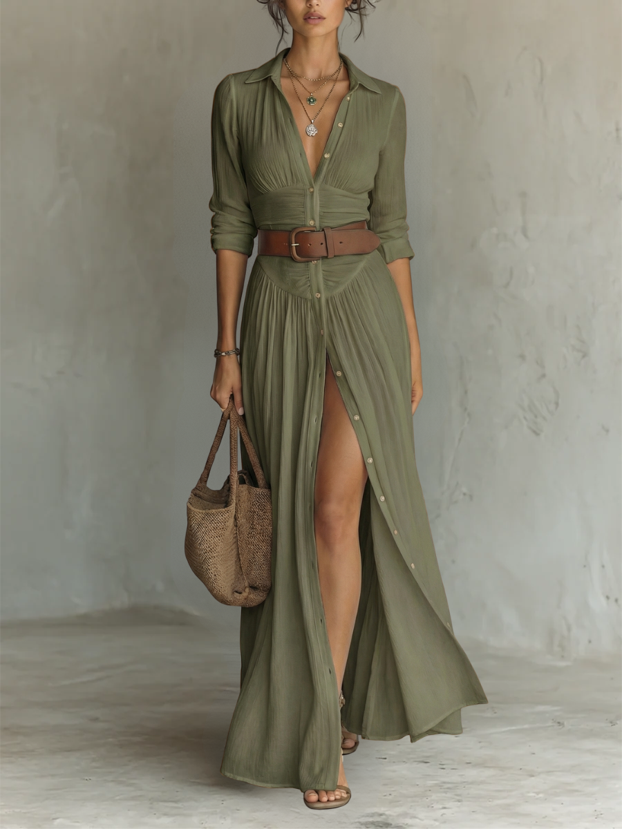 Kiara - Vestido Maxi con Mangas Largas y Cuello de Solapa