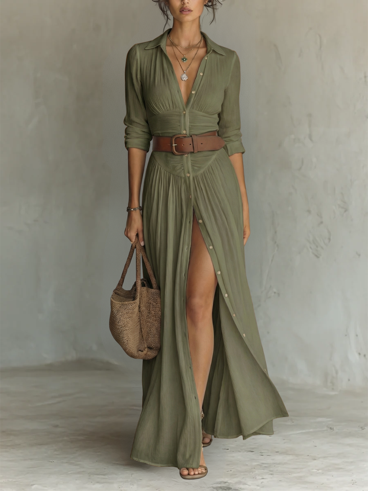 Kiara - Vestido Maxi con Mangas Largas y Cuello de Solapa