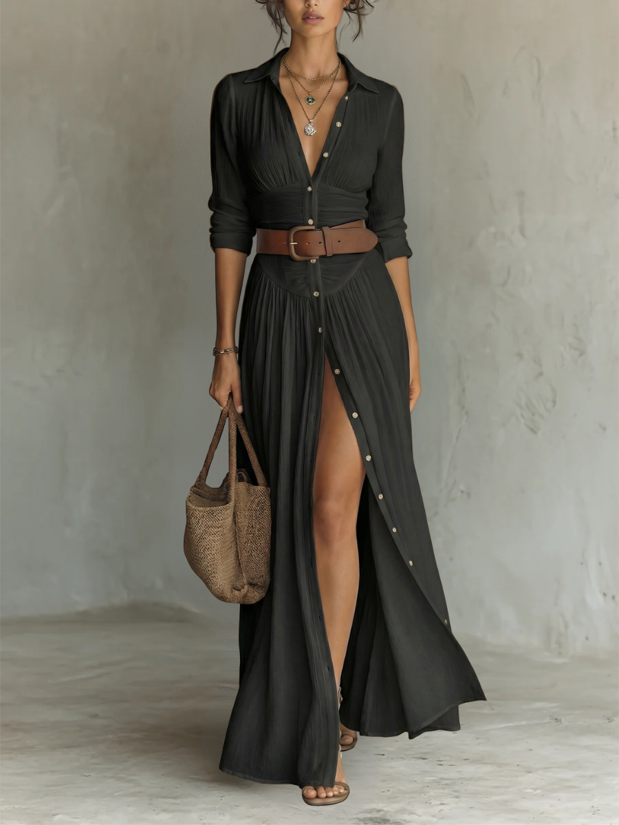 Kiara - Vestido Maxi con Mangas Largas y Cuello de Solapa