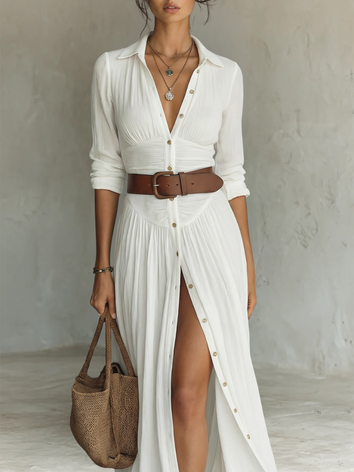 Kiara - Vestido Maxi con Mangas Largas y Cuello de Solapa