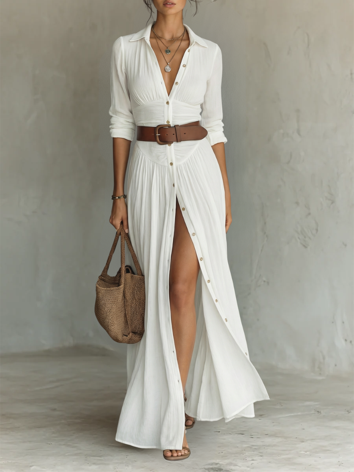 Kiara - Vestido Maxi con Mangas Largas y Cuello de Solapa