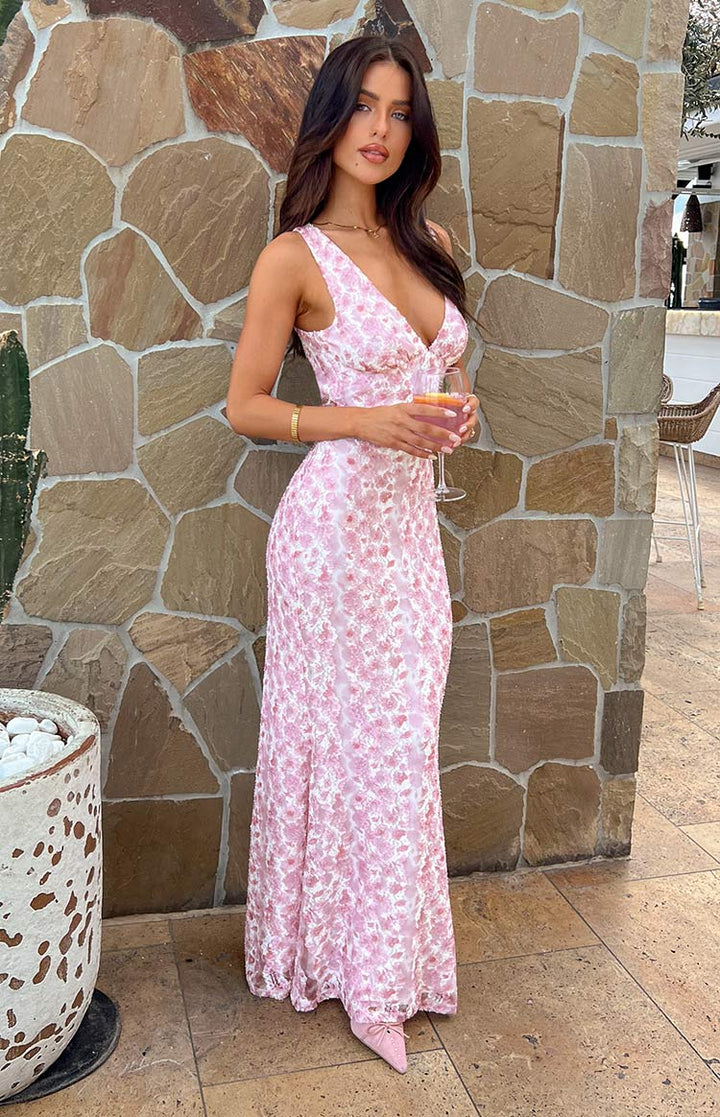 Farida - Vestido Largo de Encaje Rosa