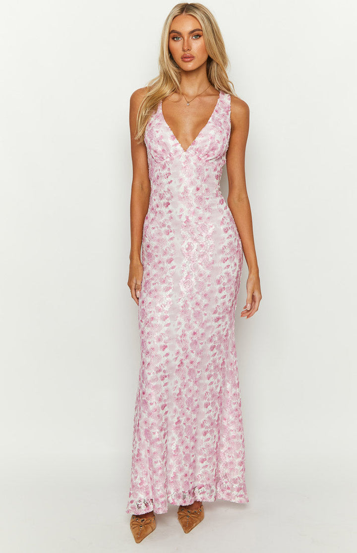 Farida - Vestido Largo de Encaje Rosa