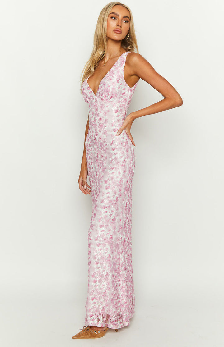 Farida - Vestido Largo de Encaje Rosa