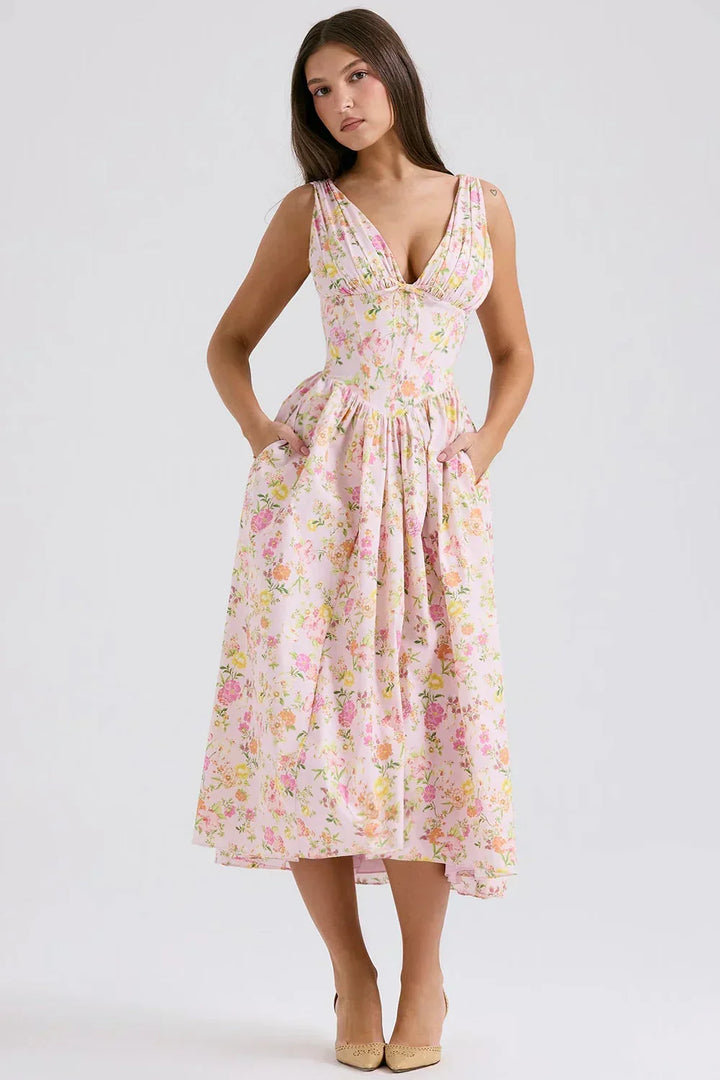 Ariana - Vestido Midi con Corsé y Escote en V