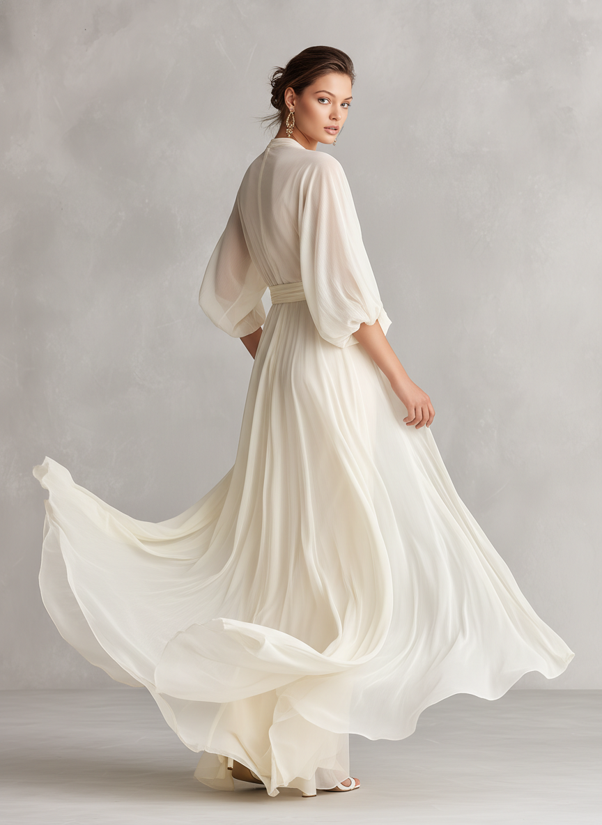 Sefa - Vestido de Chiffon Transparente Marfil