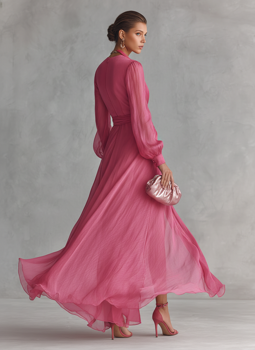 Vestido Chiffon Rosa con Escote en V