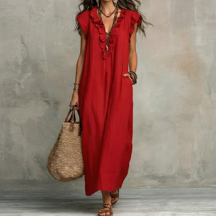 Josefina | Vestido Largo de Lino Texturizado con Escote en V y Volantes