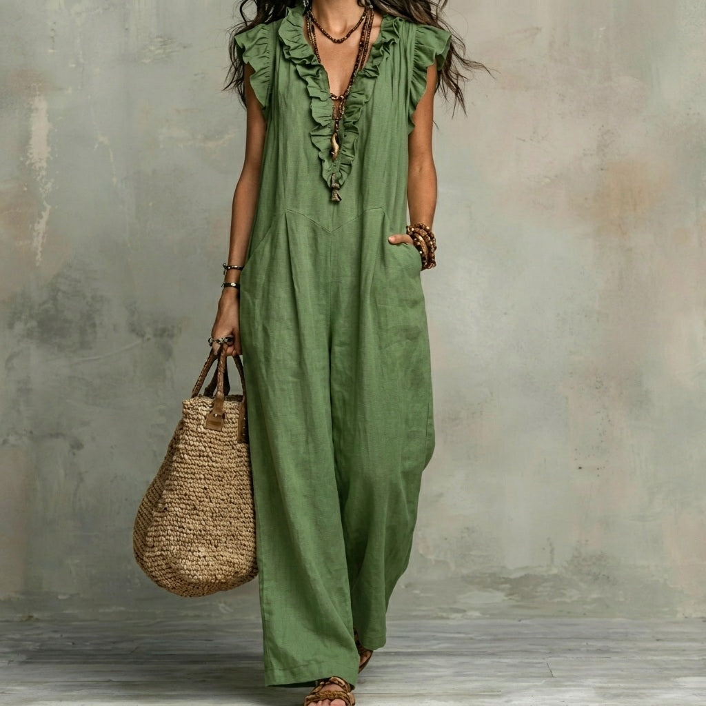 Josefina | Vestido Largo de Lino Texturizado con Escote en V y Volantes