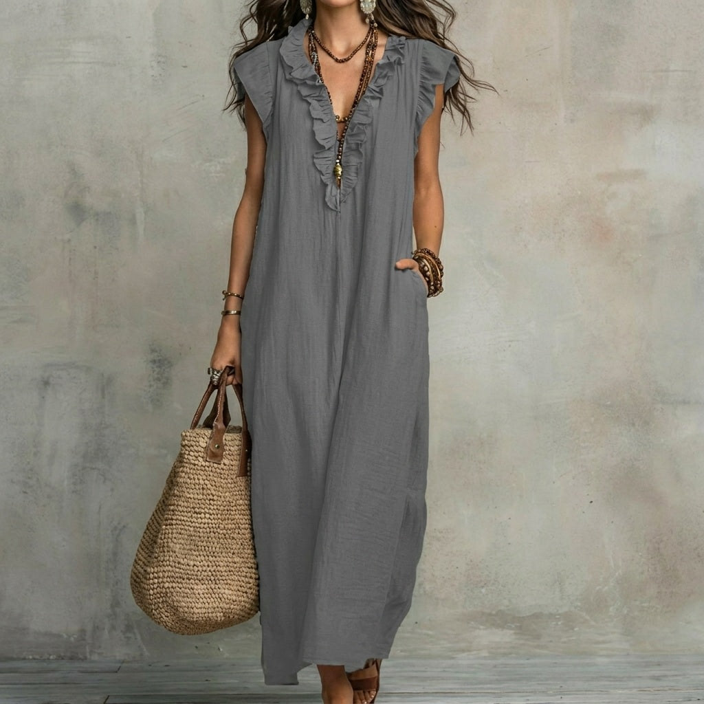 Josefina | Vestido Largo de Lino Texturizado con Escote en V y Volantes
