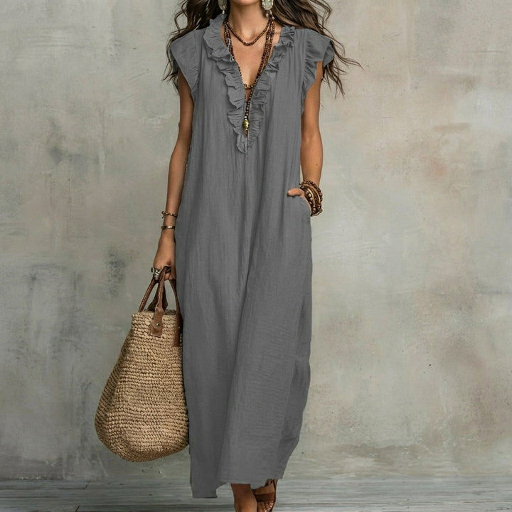 Josefina | Vestido Largo de Lino Texturizado con Escote en V y Volantes