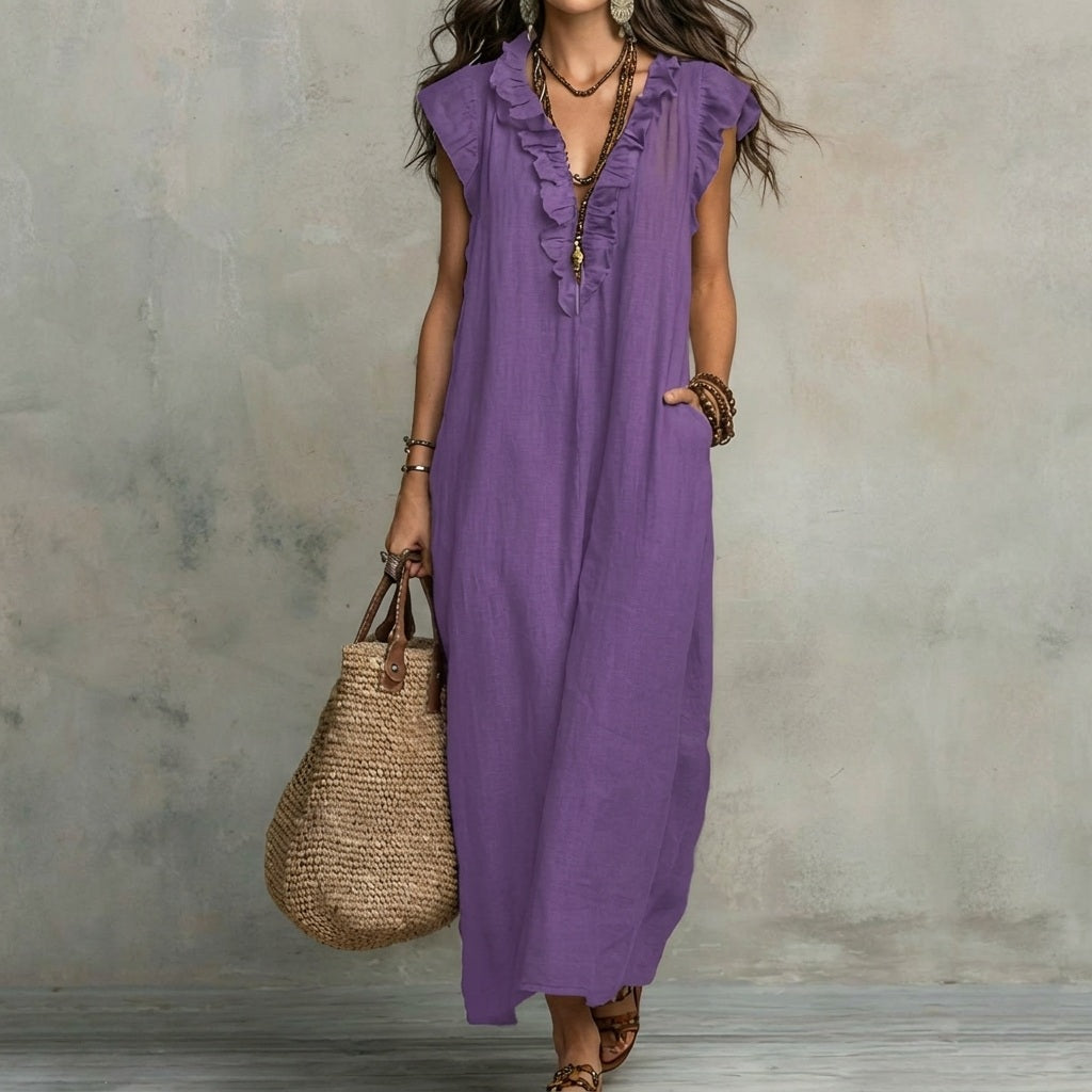 Josefina | Vestido Largo de Lino Texturizado con Escote en V y Volantes