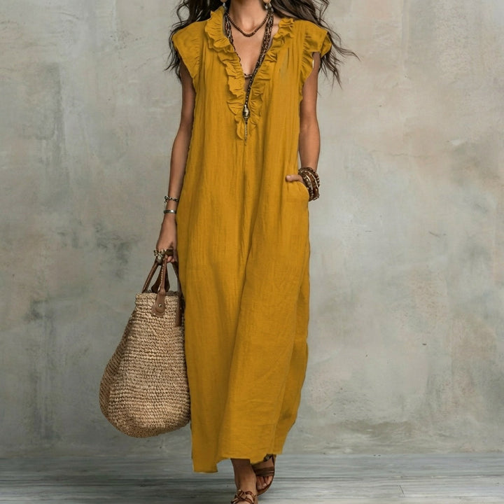 Josefina | Vestido Largo de Lino Texturizado con Escote en V y Volantes