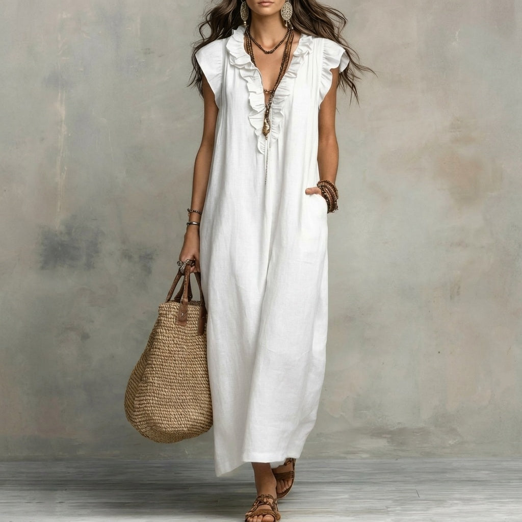 Josefina | Vestido Largo de Lino Texturizado con Escote en V y Volantes