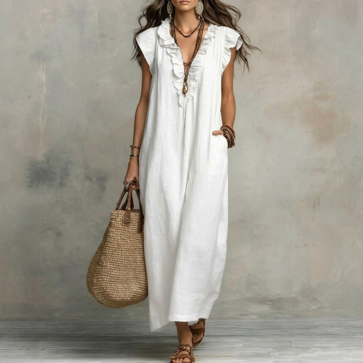 Josefina | Vestido Largo de Lino Texturizado con Escote en V y Volantes