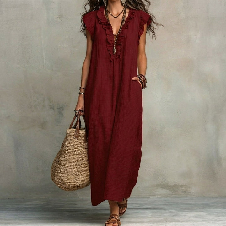 Josefina | Vestido Largo de Lino Texturizado con Escote en V y Volantes