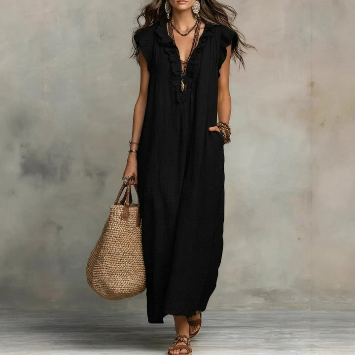Josefina | Vestido Largo de Lino Texturizado con Escote en V y Volantes