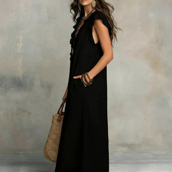 Josefina | Vestido Largo de Lino Texturizado con Escote en V y Volantes