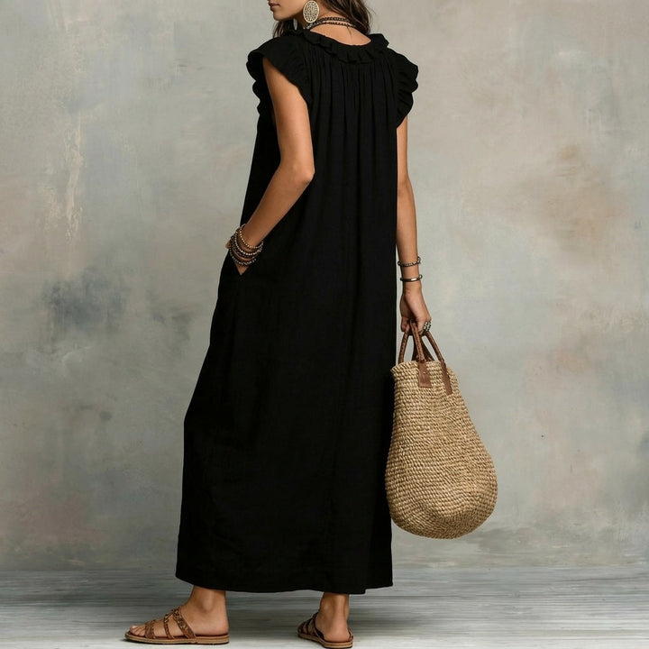 Josefina | Vestido Largo de Lino Texturizado con Escote en V y Volantes