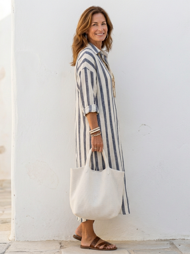 Naomi | Vestido Camisero Midi de Rayas con Manga Larga