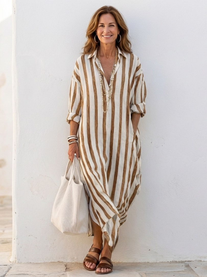 Naomi | Vestido Camisero Midi de Rayas con Manga Larga