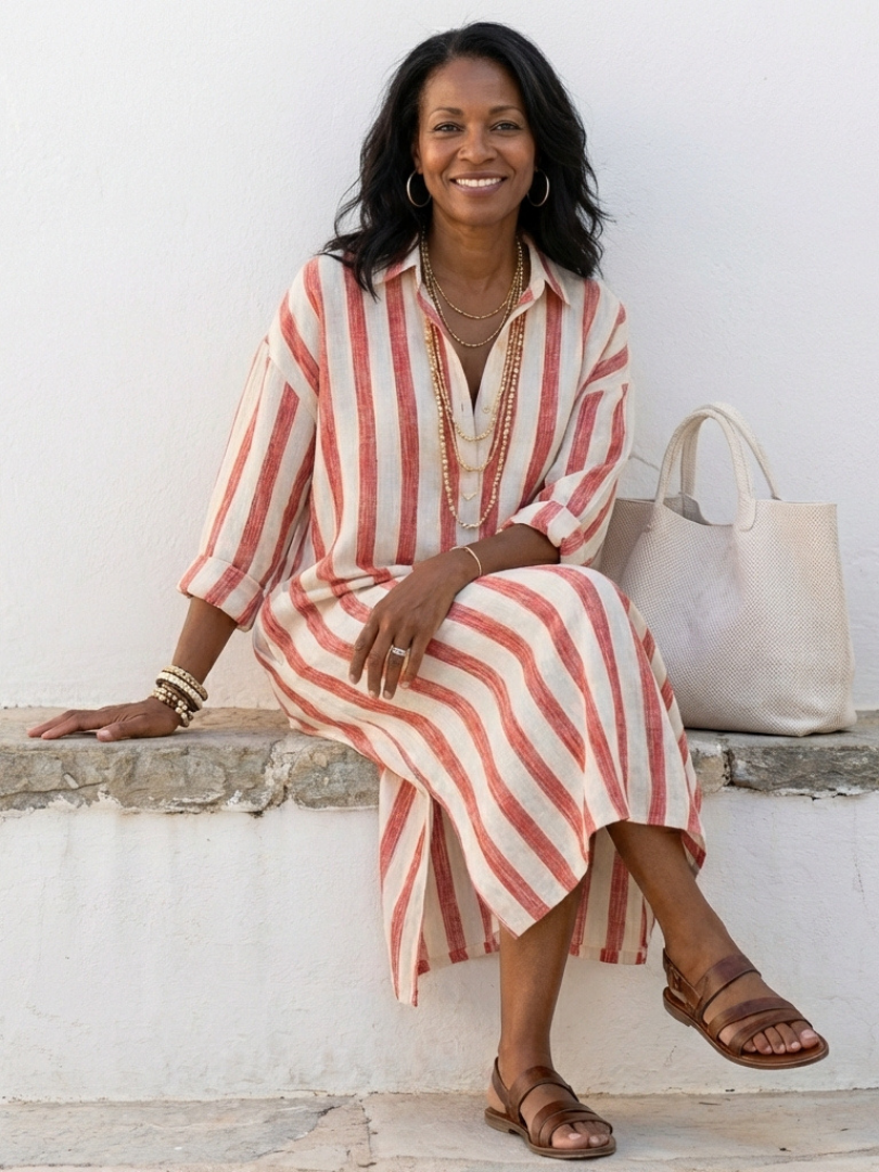 Naomi | Vestido Camisero Midi de Rayas con Manga Larga