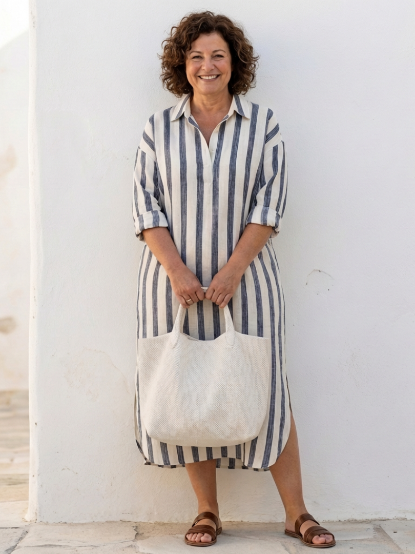 Naomi | Vestido Camisero Midi de Rayas con Manga Larga