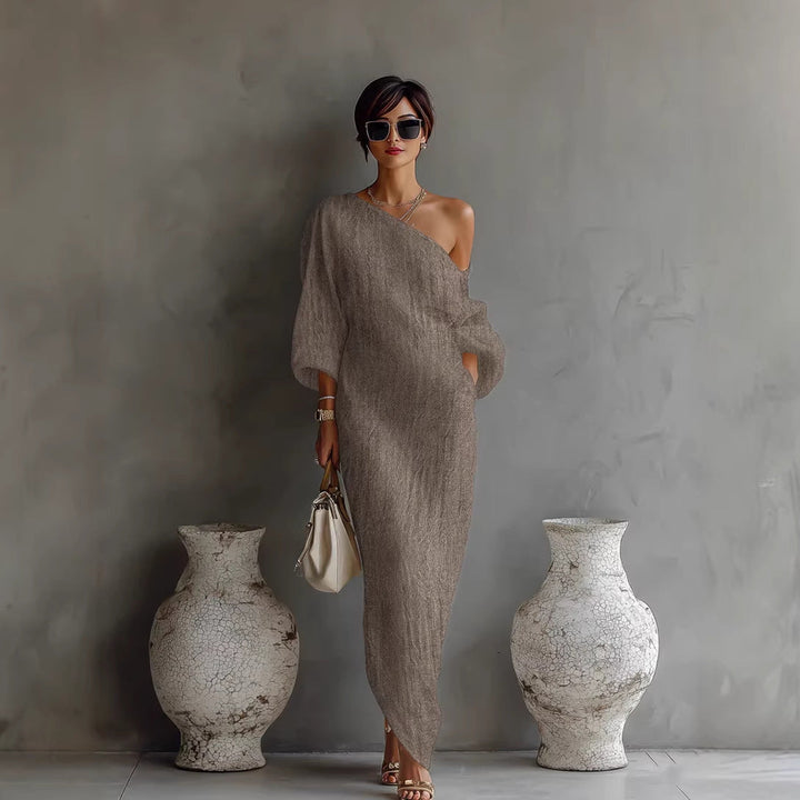 Aurora | Vestido Maxi Fluido de Un Hombro en Marfil