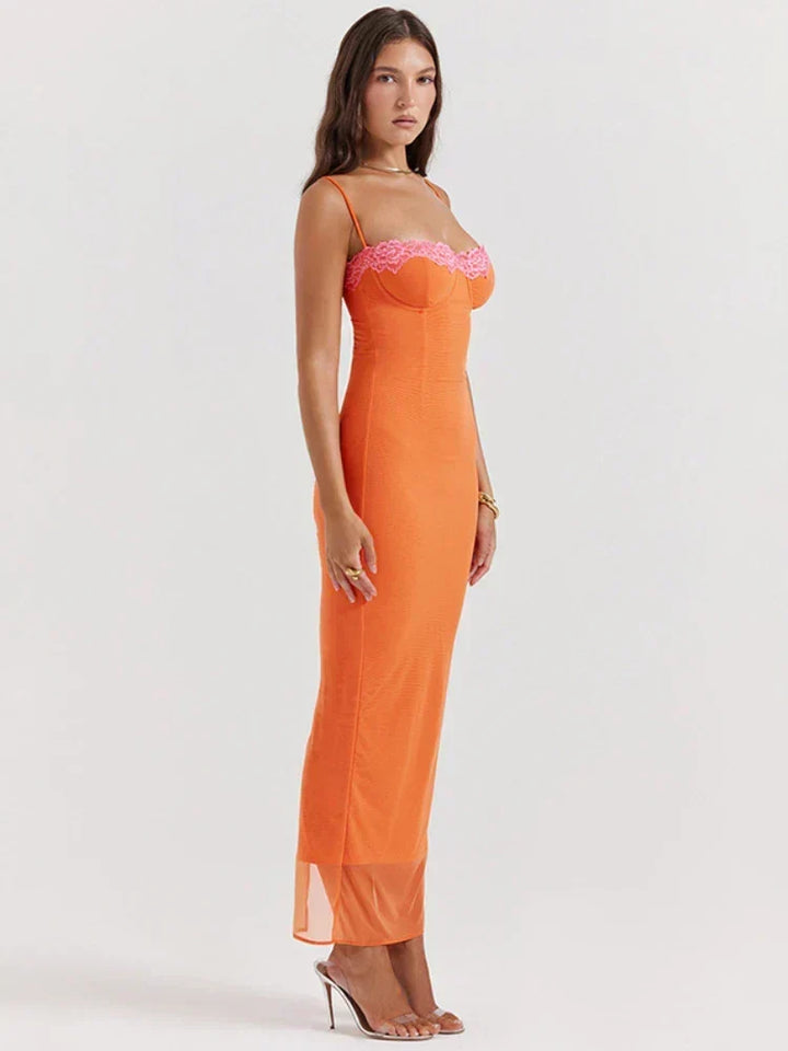 Cherley - Vestido Largo de Encaje Naranja