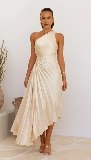 Sylviana - Vestido Midi Plisado de Un Hombro