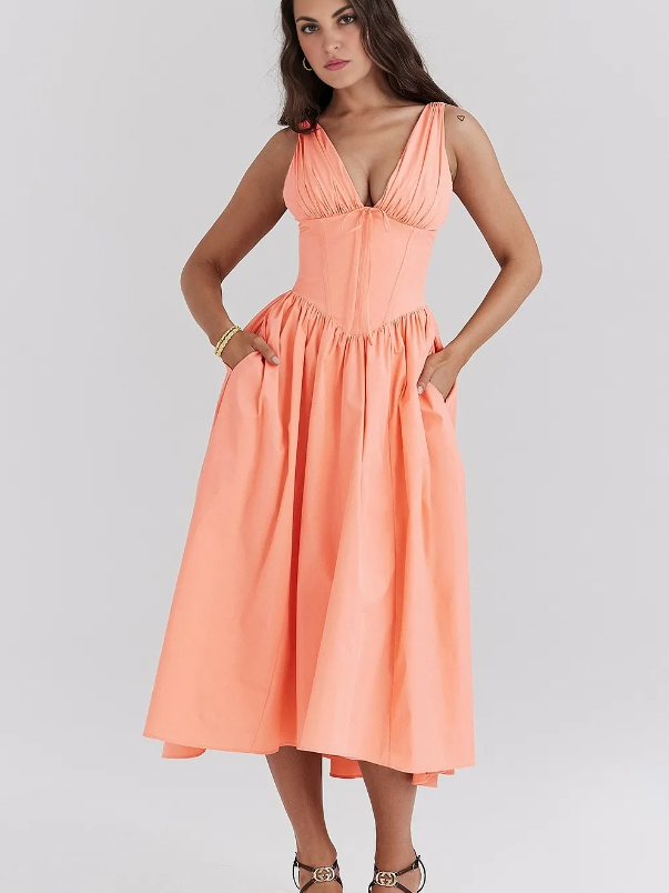 Ariana - Vestido Midi con Corsé y Escote en V