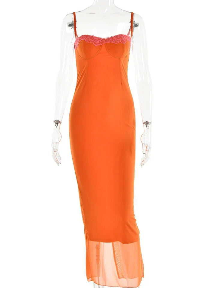 Cherley - Vestido Largo de Encaje Naranja