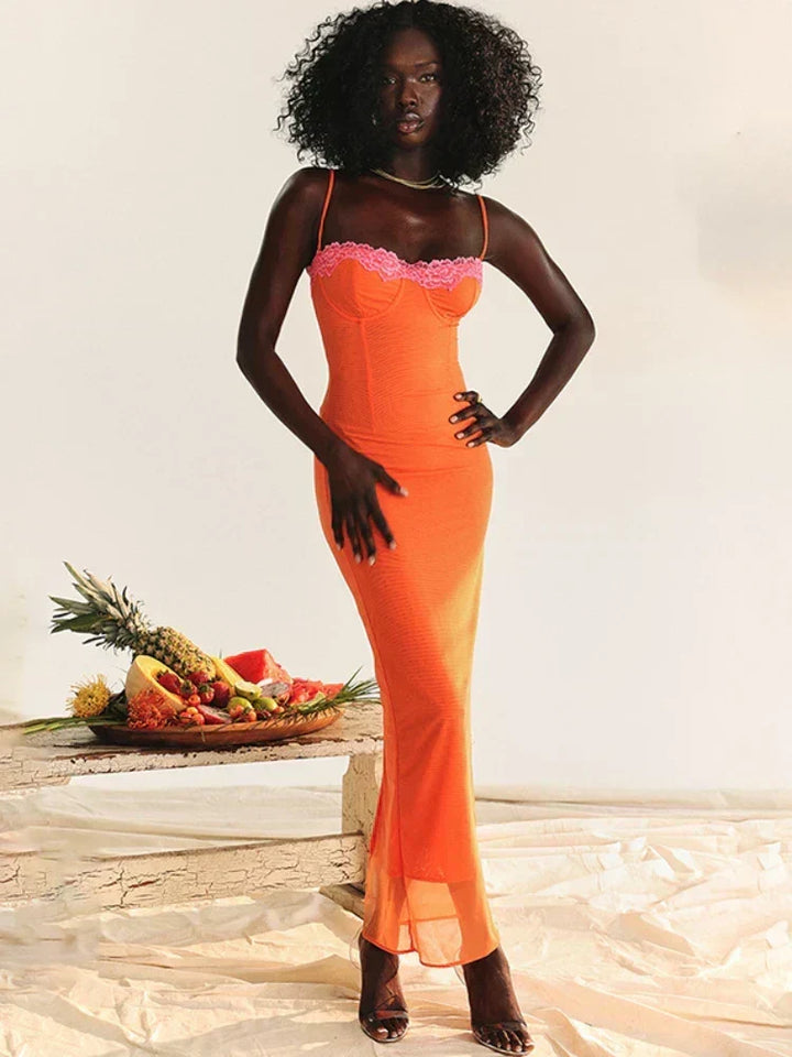Cherley - Vestido Largo de Encaje Naranja