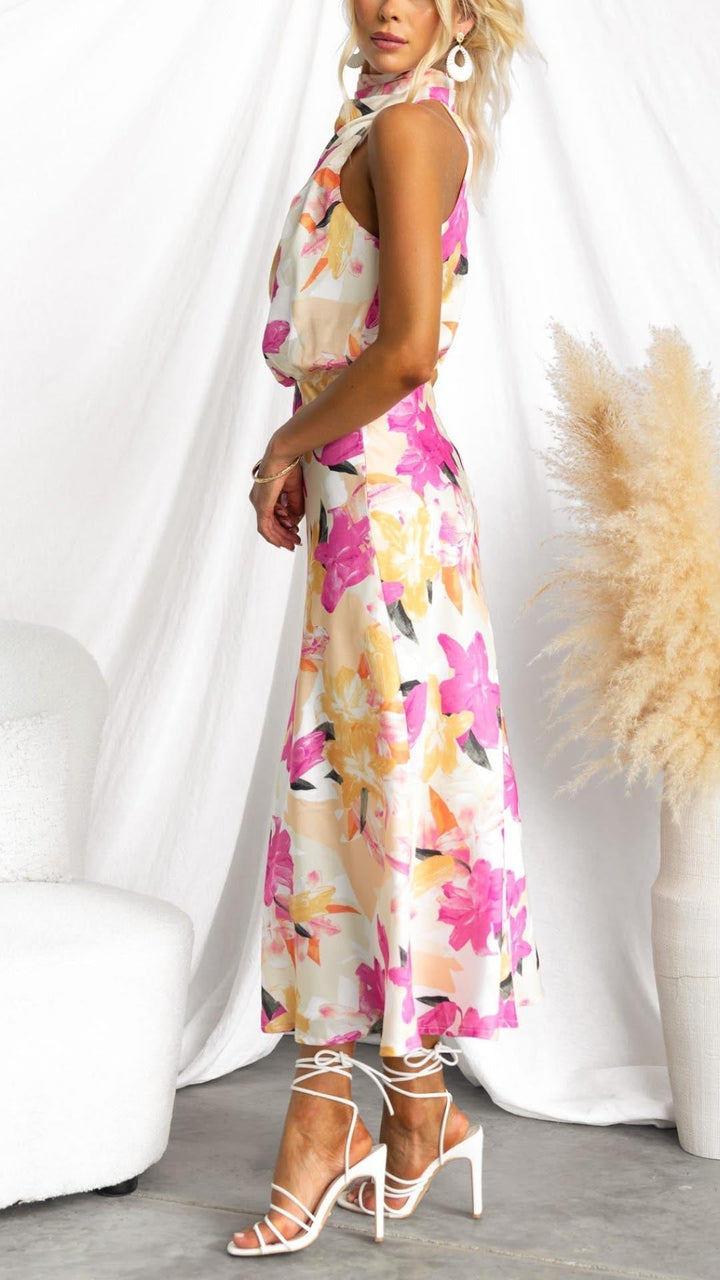 Minirva - Vestido Midi de Cuello Alto con Encanto Floral