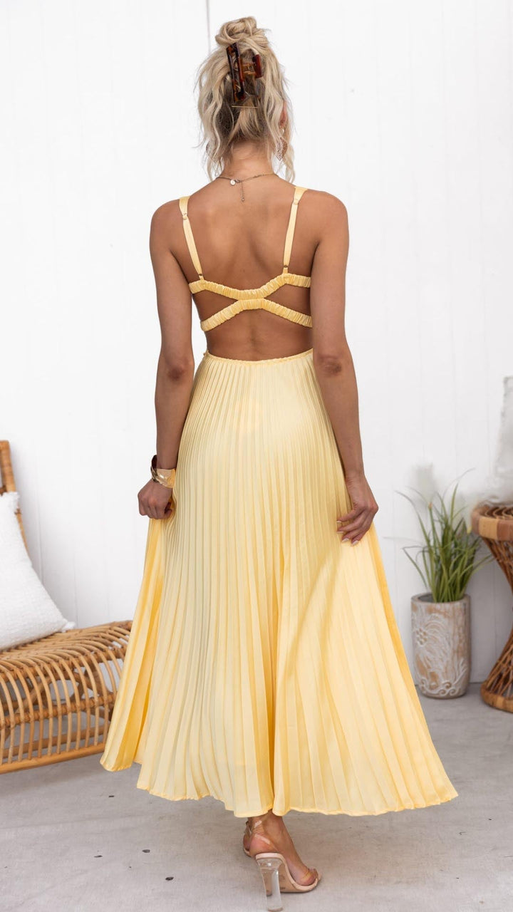 Aby - Vestido Maxi Amarillo con Pliegues y Escote en V