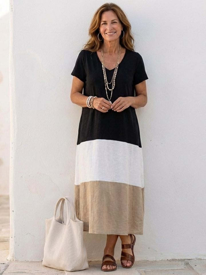 Thalia | Vestido midi de cuello en V y manga corta con bloques de color