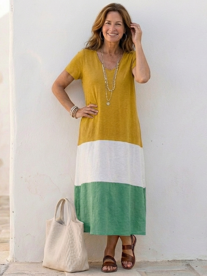 Thalia | Vestido midi de cuello en V y manga corta con bloques de color